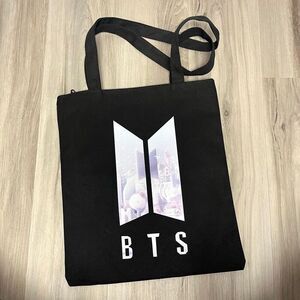 BTS Black Canvas Shoulder Tote Bag with Zipper Closure
